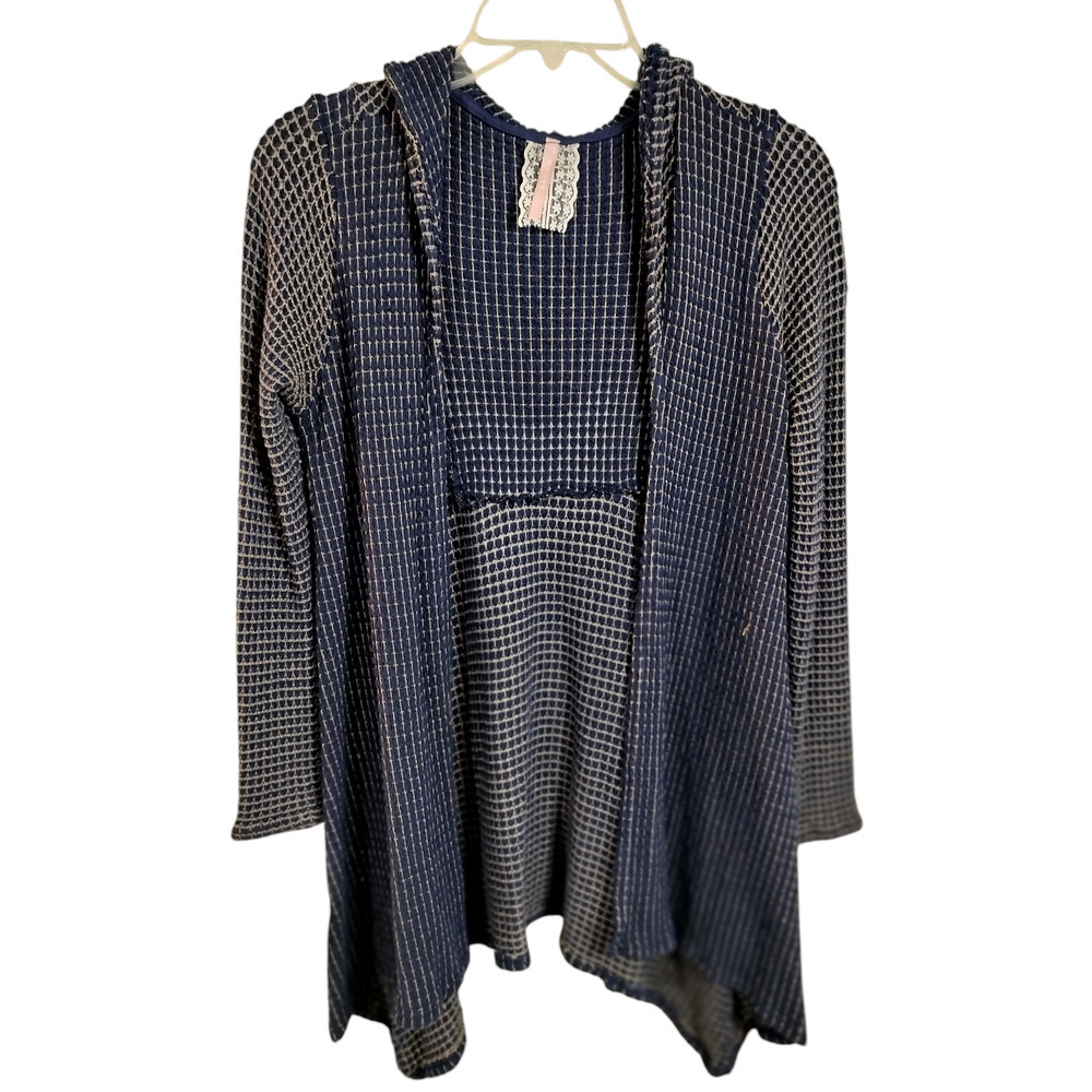3248) Anthropologie Mauve Blue Knitted Open Front Duster with Hood Size Large